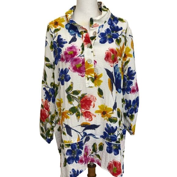 John Mark Tops - John Mark blue floral tunic, large, resort, casual, bloomcore, feminine, artsy